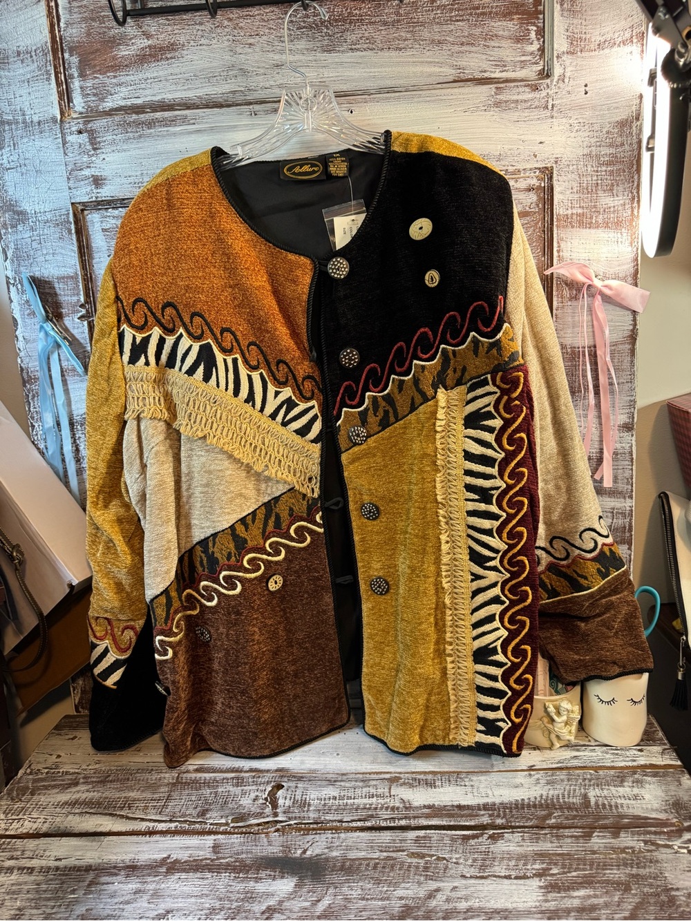 Allure Patchwork Velvet Cardigan in Mustard, Black & Brown